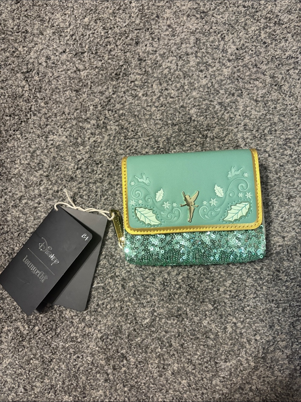 Loungefly Mint Green Tinker Bell Sequin Wallet with Gold Trim